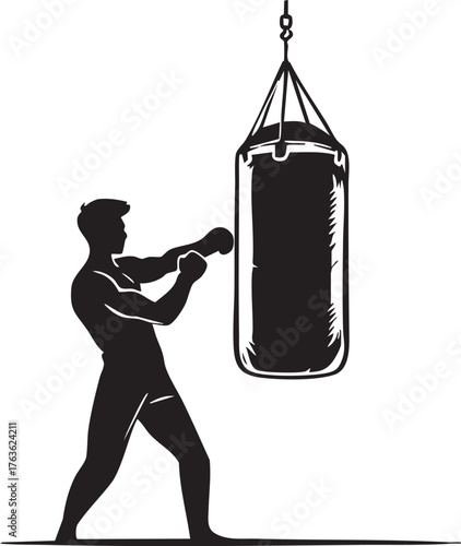 Boxing workout vector—black silhouette of athlete with gloves and punching bag for fitness, training, and combat sport themes