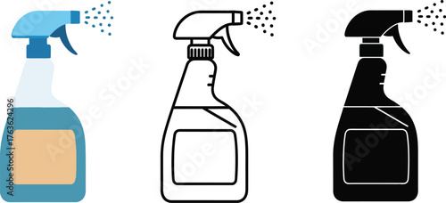 Three spray bottles with cleaning solution in color outline and solid