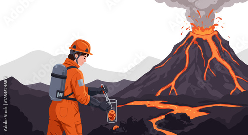 Volcanologist collecting lava samples near erupting volcano