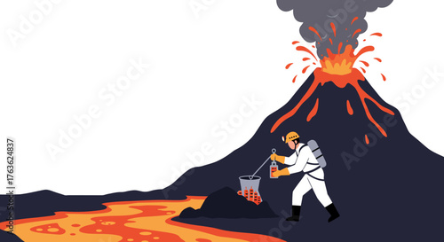 Volcanologist collecting lava samples near erupting volcano in flat design