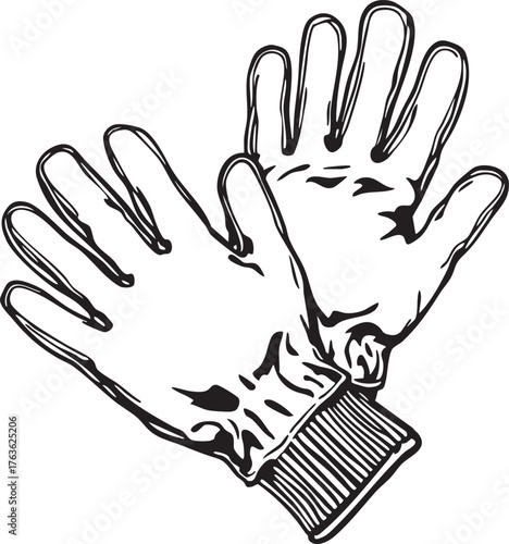 Protective gloves vector—black-and-white illustration of ribbed cuff gloves for safety, hygiene, and manual labor themes