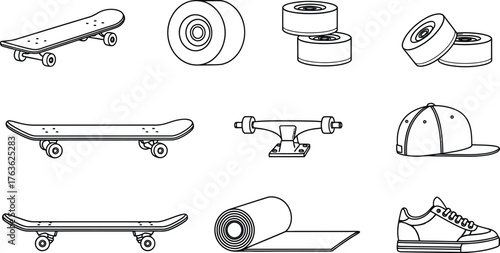 Outline drawings of skateboards and accessories on a white background