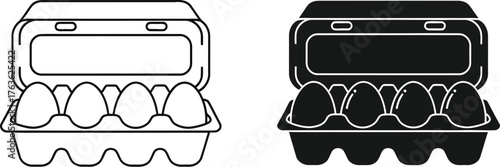 Three illustrations of egg cartons with eggs in different styles art