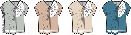 Four elegant tops in different colors, showcasing a unique bow design at the neckline