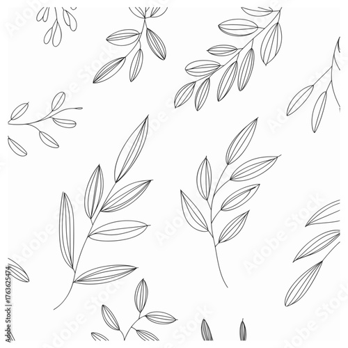 Hand drawn minimalist leaf and branch vector seamless pattern