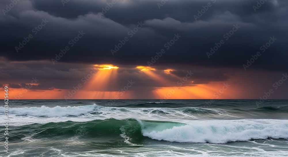 Fototapeta premium Dramatic Seascape with Stormy Clouds and Sun Rays Over Ocean Waves.