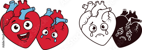 Cartoon hearts showing happy sad and broken emotions in color and bw