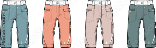 Set of flat vector illustrations showcasing four different color options for children's casual cargo pants, ideal for fashion design, apparel templates, and kids' clothing concepts