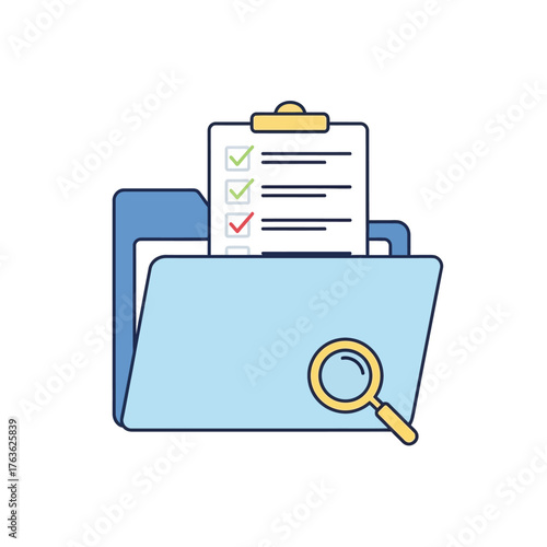 A blue folder contains a clipboard with a checklist