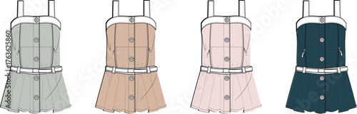 Professional fashion flats showcasing a sleeveless pleated dress design in a varied color palette, ideal for apparel development and trend forecasting