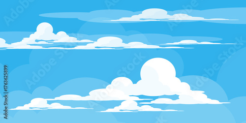 Illustration of a blue sky with white clouds in a flat style. Blue sky background and white clouds. Cartoon sky