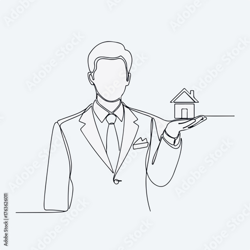 Real estate agent presents house in elegant single line art, demonstrating real estate. Line drawing represents real estate with continuous line art of person in suit holding little house on hand.