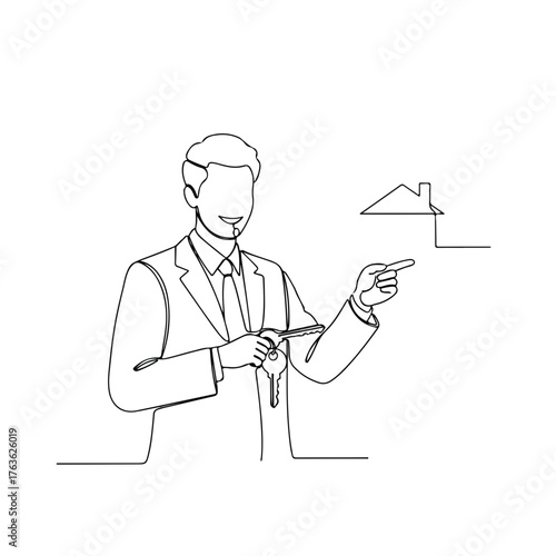 Real estate agent with house in continuous line drawing style showing property. Real estate agent in suit provides property details, holding keys and directing potential buyer.