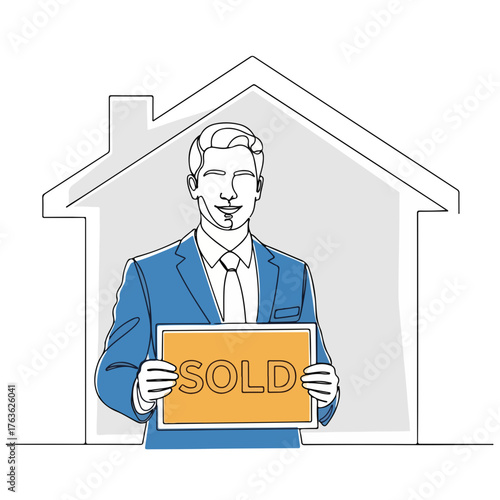 Holding sold sign, real estate agent in blue suit smiling with property sales offer. Real estate agent showing sold sign against house outline, a symbol of achievement, acquisition, ownership.