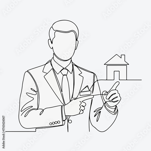 Continuous line drawing of real estate agent presenting property, with minimalist outline of house. Real estate agent showcasing home for sale or rent with simple house depiction.