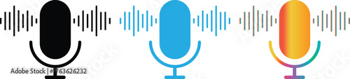 Microphone with sound wave icon. microphone icon with sound waves digital audio recording device.Voice message and podcast symbol.Audio speech podcast mic symbol on transparent background
