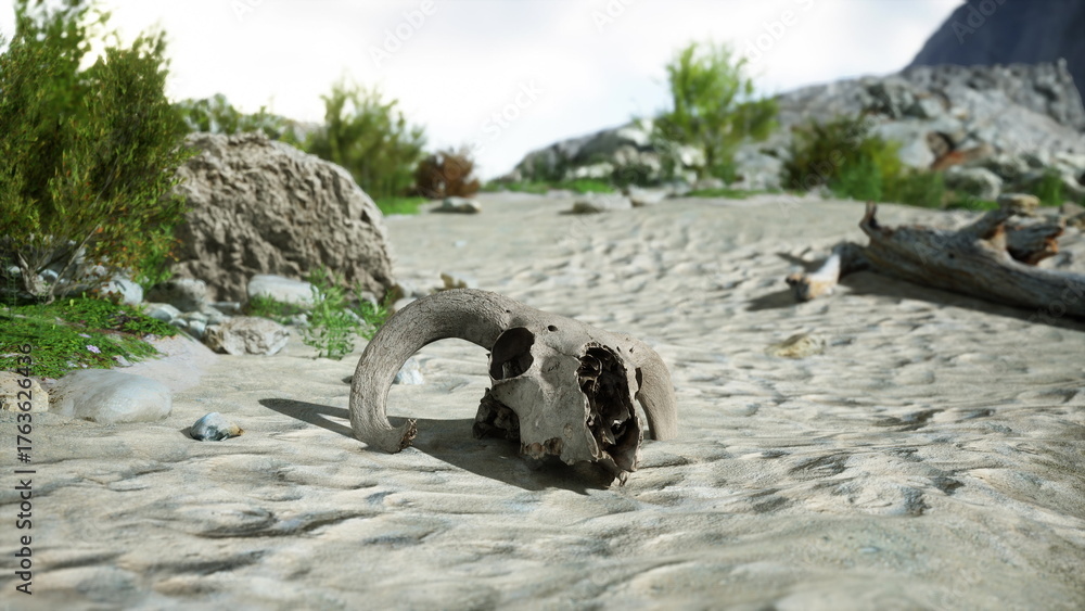 Fototapeta premium A weathered ram skull lies amidst a dry landscape filled with rocks and sparse greenery. Soft sunlight breaks through clouds, illuminating the scene. Nature reclaims the area.
