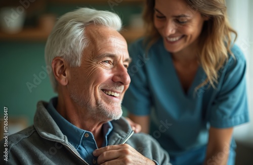 Happy senior man receives assistance from smiling female caregiver. Kind nurse helps elderly patient at retirement home. Old grandfather gets gentle support, compassion. Health service, social worker