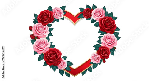 Heart shaped frame of red and pink roses isolated on transparent background
