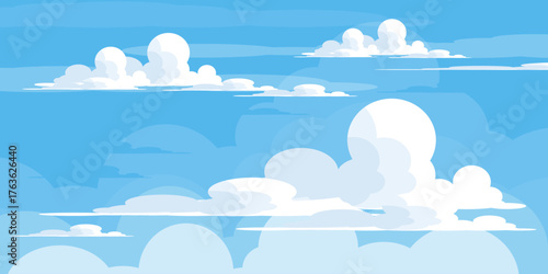 Illustration of a blue sky with white clouds in a flat style. Blue sky background and white clouds. Cartoon sky