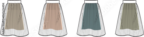 Fashion design of pleated skirts in various earth tones and teal colors, presented as flat sketches for apparel production