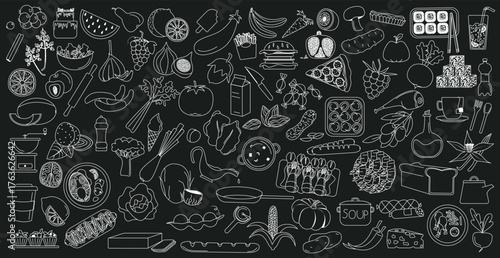 Large assembly of various dishes and products - Vector illustration