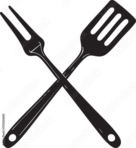 Crossed cooking utensils vector—black silhouette of meat fork and slotted spatula for culinary, barbecue, and kitchen themes
