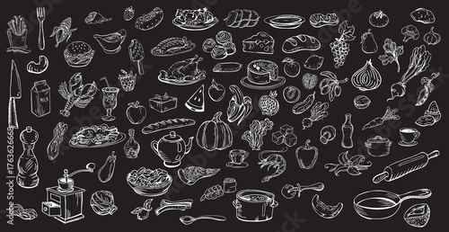 Large assembly of various dishes and products - Vector illustration