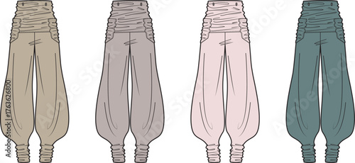 Collection of four different colored fashionable loose-fitting trousers with elastic waistbands and gathered ankle cuffs