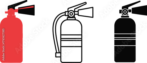 Three fire extinguisher illustrations in color outline and silhouette