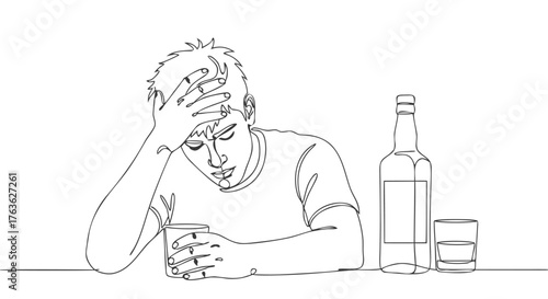 One Continuous Line Drawing of a Man Suffering, with a Bottle and a Drink 5