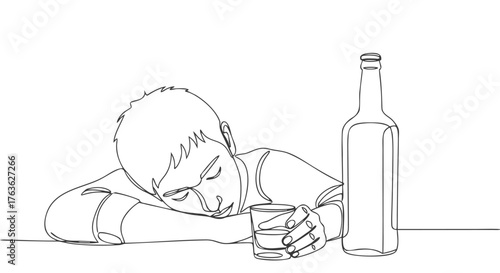 A compelling one continuous line drawing depicting a person passed out on a table with a bottle and glass, illustrating exhaustion, alcohol issues, or solitude