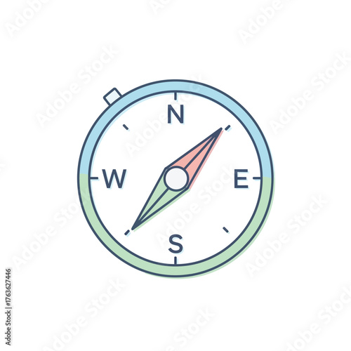 A vibrantly designed compass with a magnetic needle clearly indicating