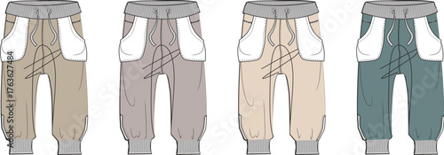 Four different colored joggers with pockets and drawstrings, showcased side-by-side in a flat lay illustration