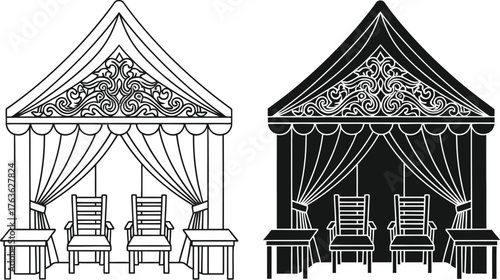 Three variations of a canopy with chairs and tables illustration