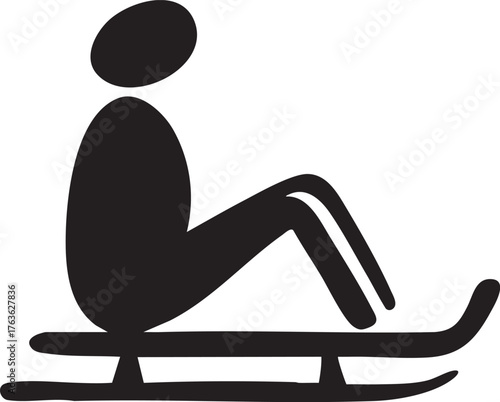 Sledding silhouette icon—black-and-white vector illustration of person on sled for winter sport, recreation, and seasonal themes
