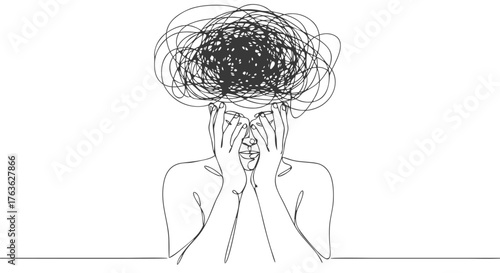 A minimalist one continuous line drawing of a person overwhelmed with tangled thoughts, symbolizing mental health struggles and anxiety
