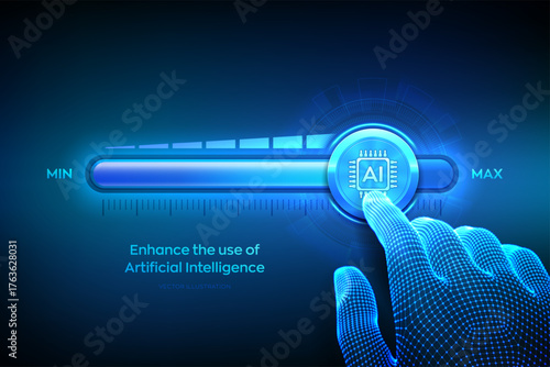 Artificial intelligence. Wireframe hand is pulling up to the maximum position progress bar with the AI icon. Increase the use of artificial intelligence and automation technology. Vector illustration.