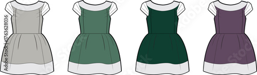 Set of women's sleeveless A-line dresses with sheer yoke and hem. Fashion technical flat sketch vector illustration template in four colorways