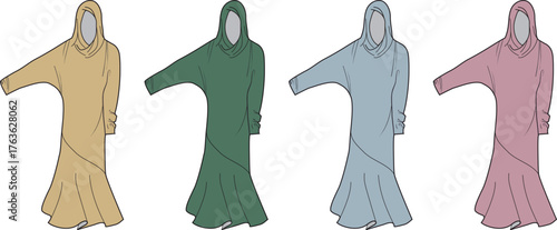 Fashion Illustration Four Hooded Dresses in Various Colors