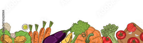 Panoramic white background set of eco vegetables - Vector illustration
