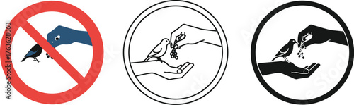 Three illustrations of hand feeding birds with one showing a ban sign