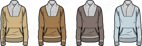 Fashion flat sketch set of a men's long-sleeve pullover with a shawl collar and kangaroo pocket, shown in four different color variations
