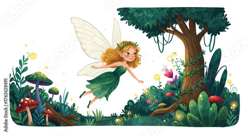Whimsical fairy in enchanted forest with glowing mushrooms and fireflies