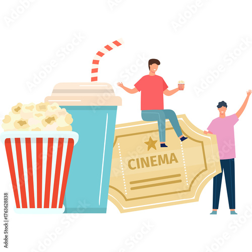Two smiling men enjoy cinema entertainment with popcorn soda and movie ticket on a transparent background with a festive atmosphere