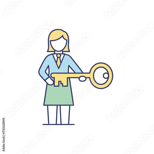 A confident businesswoman presents a large golden key symbolizing acc