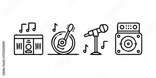 Music Icon Set. Outline icon set of music and entertainment: DJ turntable, microphone, speaker, musical notes, live band.