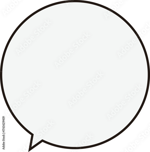 黒い縁の正円のふきだし。テキストスペースは薄いグレー。丸くて使いやすい。フキダシの先端は下にある。