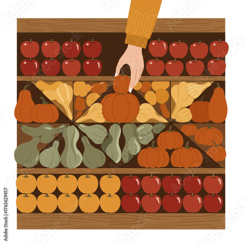 Hand picking pumpkin at fruit and vegetable market, flat vector illustration