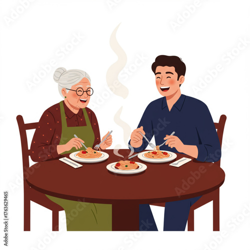 Grandmother and grandson enjoying meal together, family dinner, flat vector illustration